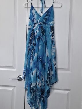 JLO Jennifer Lopez Blue Watercolor Floral Dress | Handkerchief Hem | S